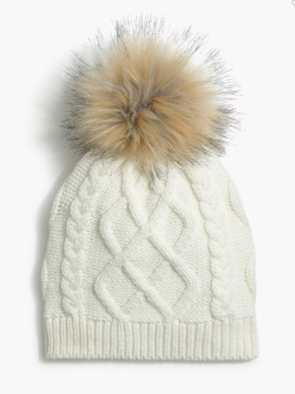J Crew Cream Cable Knit Hat with Faux Fur Pom